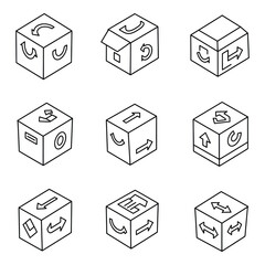 Isometric Cubes with Arrows and Symbols Black and White Line Art Icons Set vector Vector Illustration for Design, Business, and Stock Platforms