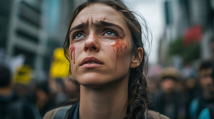 Fototapeta premium A woman with tears of blood amidst a crowd in an urban setting, conveying intense emotion and distress.