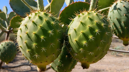 Prickly pear cactus, close-up of fruit of the coastal prickly pear cactus (Opuntia ficus-indica), Opuntia ficus-indica with ripe fruit, prickly pears, Close up of green prickly pears still hanging.