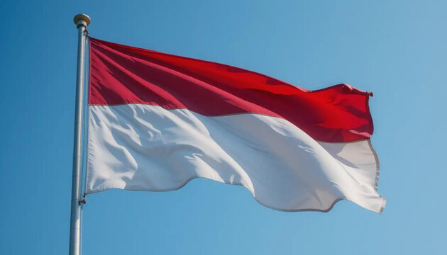 bendera, merah putih, indonesia, foto bendera merah putih negara indonesia yang sedang berkibar di atas tiangnya dengan latar langit biru