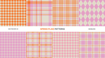 Seamless vector patterns with vibrant spring plaid in orange pink beige and cream tones including houndstooth gingham tartan argyle styles for textile packaging backgrounds digital design projects