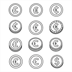 Twelve Black and White Currency Coin Icons Euro Pound Dollar Symbols Line Art Design Elements coins Vector Illustration for Design, Business, and Stock Platforms