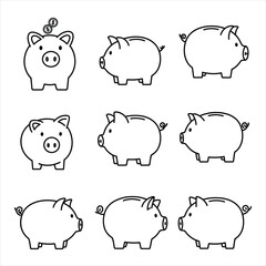 Nine black outline piggy bank illustrations various angles coins on top one piggy bank piggybank money Vector Illustration for Design, Business, and Stock Platforms
