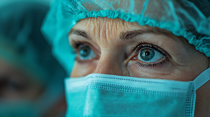 Close-up of a healthcare professional wearing a surgical mask and cap