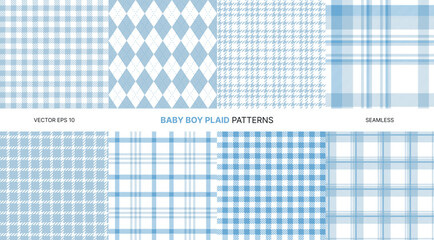 Seamless vector patterns for baby boy with soft blue plaid gingham tartan houndstooth argyle textures perfect for nursery textile wallpaper packaging backgrounds cute delicate baby shower design