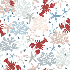 Marine vector hand drawn pattern with sea shells, stars, coral and lobsters. Perfect for textiles, wallpaper and prints.