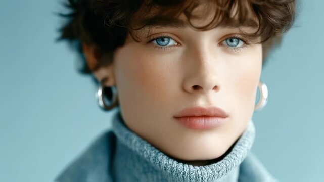 A portrait of a model with striking blue eyes and androgynous features, showcasing a modern short curly hairstyle and wearing a high neck top, embodying beauty and confidence.