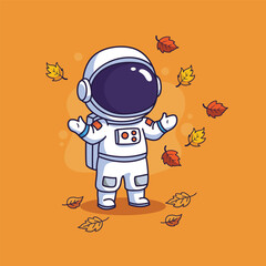 cute astronaut character with autumn leaves vector illustration 