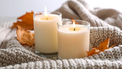 Cozy autumn candles on a knitted blanket