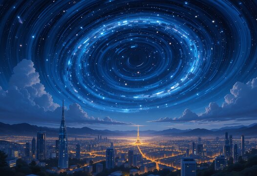 Futuristic city skyline illuminated by swirling starry night vortex in sky