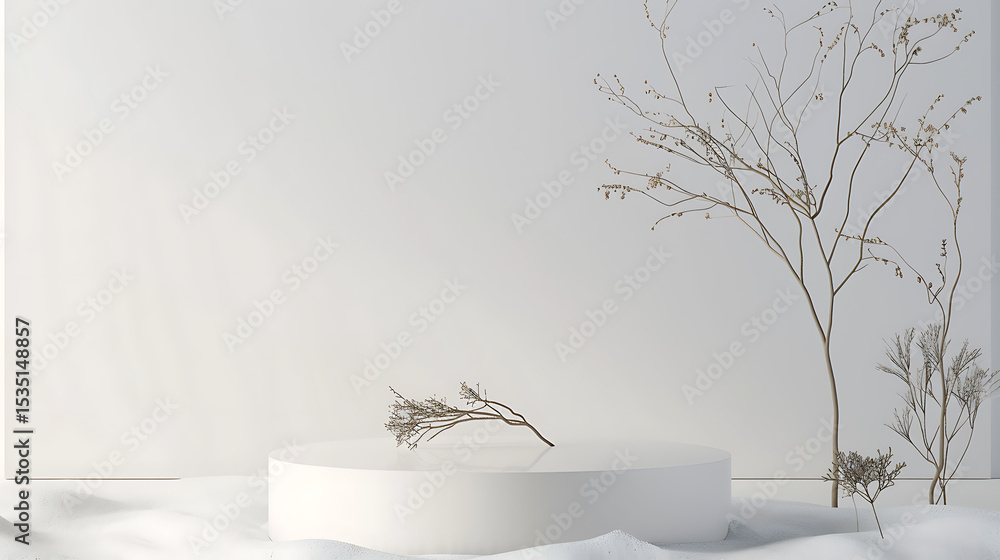 Poster a minimalist white podium display with bare branches and a snowy ground creates a serene and modern 