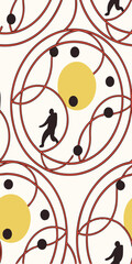 A seamless pattern of A circular composition centered on a large yellow dot with red lines and black shapes orbiting it
