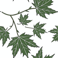 A seamless pattern of green maple leaves with visible veins, scattered randomly against a plain white background