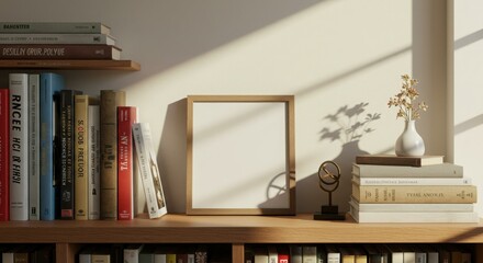 Bookshelf with books, a blank frame, a vase with dried flowers, and sunlight casting shadows on the wall.