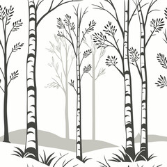 A seamless Scandinavian wallpaper pattern featuring tall, slender birch trees in a minimalist black and white hand-drawn style with subtle texture