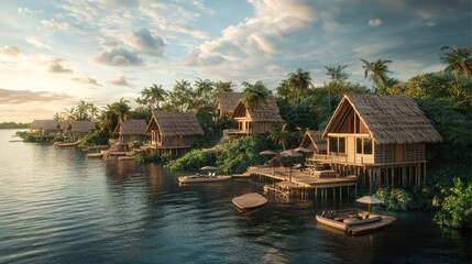 Obraz premium Serene Tropical Waterfront Retreat with Traditional Thatched Huts Surrounded by Lush Greenery and Calm Waters
