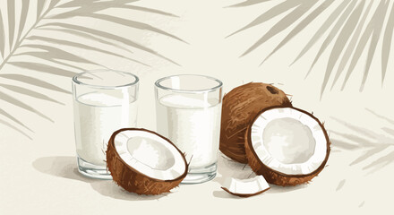 Fresh Coconut Milk in Glasses with Coconuts and Palm Leaves

