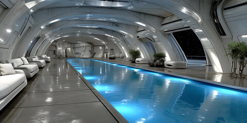 The interior of a futuristic spaceship hallway with a long, glowing blue water pool.