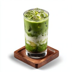 Iced matcha latte in glass isolated on white background
