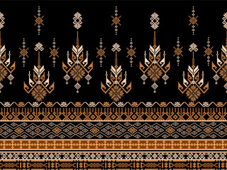 Traditional ethnic textile pattern featuring intricate geometric motifs in black, white, and gold tones.