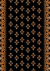 A black fabric featuring symmetrical golden and white geometric embroidery patterns with ornate borders on both sides.