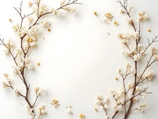 Artistic Flatlay with Painted Branches on Canvas: Flatlay of hand-painted white and gold branches arranged on a canvas sheet with scattered dried flowers for an artistic nature-inspired scene.
