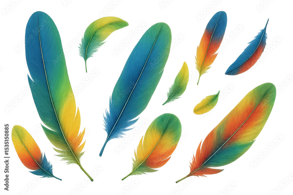 Poster set of colorful feathers floating on a transparent background, creating a vibrant and dynamic compos