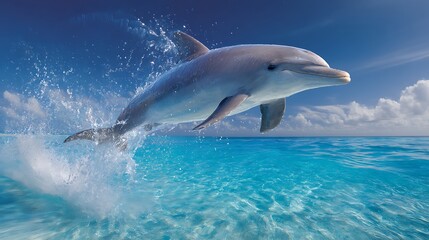 High-definition image of a dolphin leaping into the sky from a crystal-clear sea, with detailed splashes and vibrant blue hues.