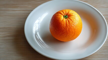 A single orange placed on a white plate against a wooden background