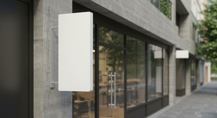 Rectangular blank sign mounted on a building facade with glass storefronts, offering space for branding or advertising.