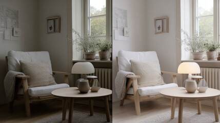 Cozy room corner with wooden armchair, white cushion, beige throw blanket, round coffee table, ceramic vases, modern table lamp, framed artwork, potted plants, and natural light from window.