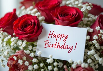 Beautiful bouquet of red roses with happy birthday greeting card surrounded by delicate white flowers © Pungkas