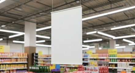 Blank white banner hanging in a supermarket aisle, showcasing promotional opportunities.