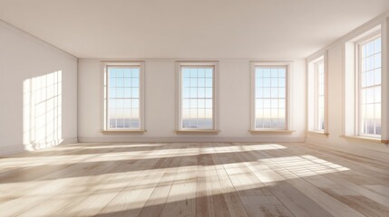 Serene minimalist room with large classic windows, soft neutral white walls, light-toned wooden floor, urban skyline view, geometric sunlight shadows, calm inviting atmosphere.
