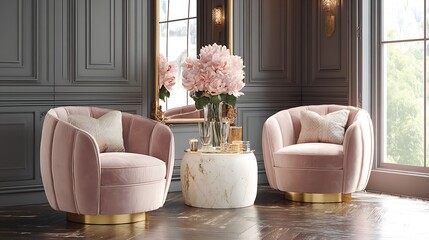 Stylish living room setup with pink velvet armchairs, round marble top table on a gold pedestal, elegant gold framed mirror against gray paneled walls, bright window light, 