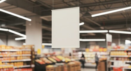 Blank hanging sign in a supermarket, showcasing retail space and potential advertising.