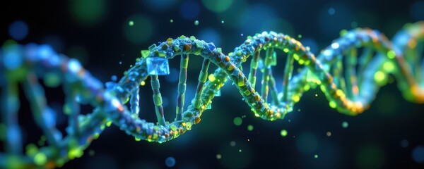 dna structure made of fiber optic cables glowing in soft green and blue tones