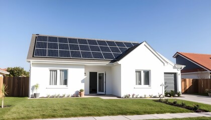 Fototapeta premium Modern white house with solar panels on the roof, sunny day.