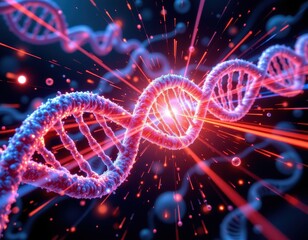 deforming dna chain being analyzed by laser beams, high tech genetics illustration
