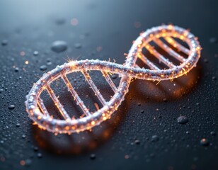 Laser-etched DNA model with glowing edges and clean lines.