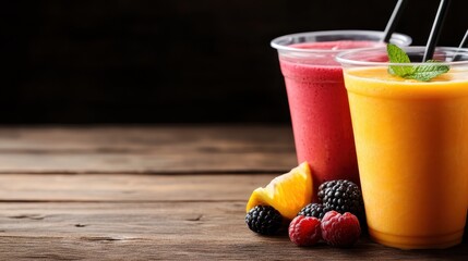 Two vibrant fruit smoothies, one berry and one tropical blend, are beautifully presented with fresh fruits and mint, offering a delightful and refreshing taste experience.