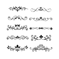 Obraz premium Classic line separators. Flourishes decorative dividers, book embellishment decoration ornaments, vintage vector text calligraphic boarders. text dividers doodle set. Wedding decorative elements. 