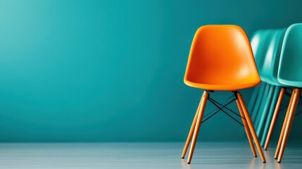A striking image of a single orange chair standing out against a teal background, showcasing modern design aesthetics and vibrant color contrasts in interior design.