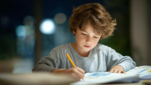 A child practicing math with a workbook and pencil