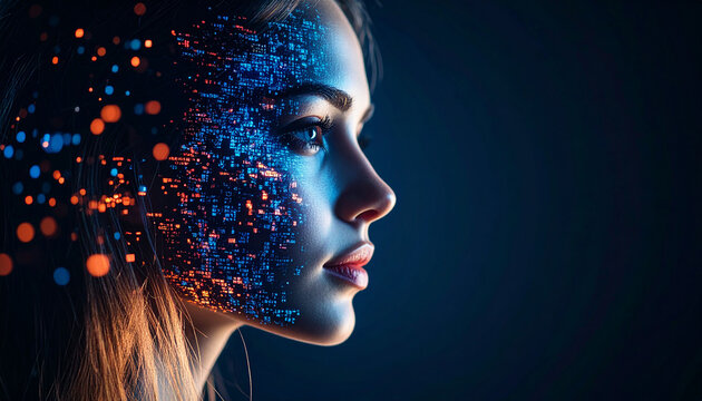 Close-up portrait of a woman with half their face dissolving into floating digital pixel