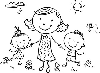 Outline illustration of happy family walks in nature. Cartoon mother and children walking outdoors. Black and white clipart