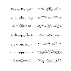 Fototapeta premium text dividers doodle set. Wedding decorative elements. Divider ornament, borders, floral, vintage line separators. Hand drawn vector illustration isolated on white background. Set page dividers. 