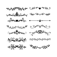 Obraz premium text dividers doodle set. Wedding decorative elements. Divider ornament, borders, floral, vintage line separators. Hand drawn vector illustration isolated on white background. Set page dividers. 