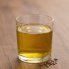Glass of Flaxseed Oil with Seeds Against a Wooden Background