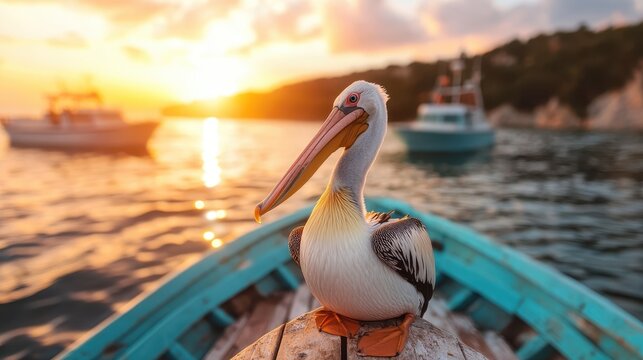 A majestic pelican resting on a wooden boat, illuminated by the warm glow of a sunset, capturing the serenity of nature and coastal life in a tranquil seaside setting. - Powered by Adobe